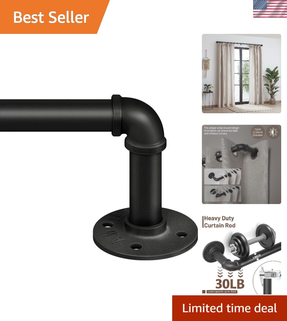 Black 66-120″ Adjustable Curtain Rod for Indoor/Outdoor – Heavy Duty & Stylish