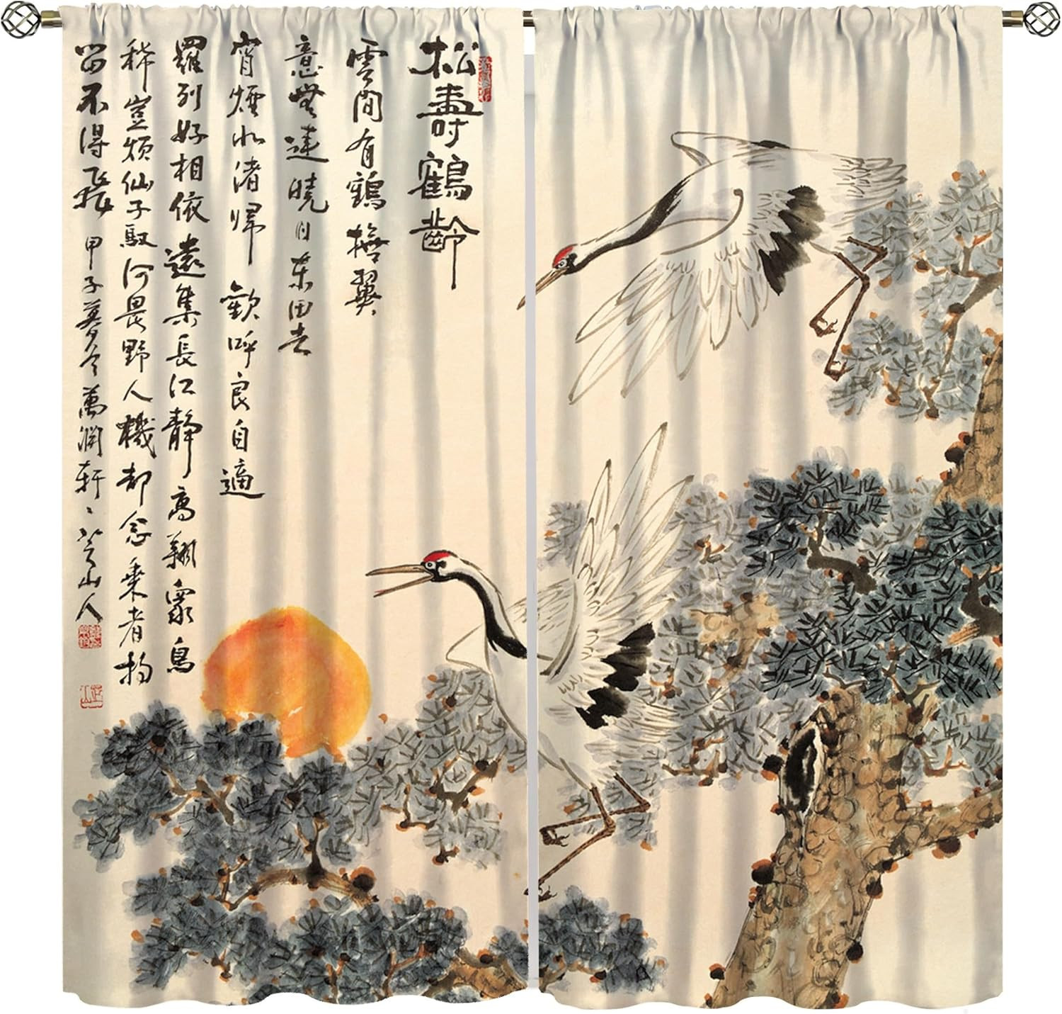 Asian Curtains, Vintage Japanese and Landscape Crane Traditional Cherry Blossom