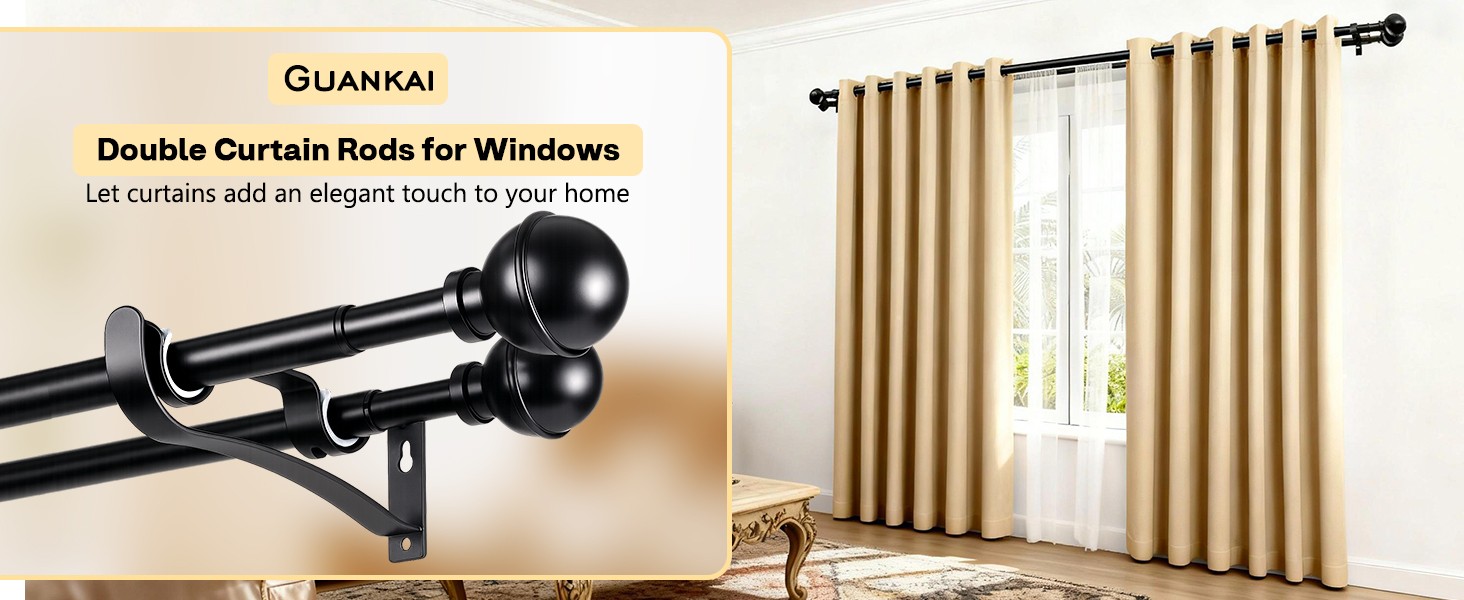 Adjustable Double ain Rods for Windows Set 30 to 57 Inch, Bla