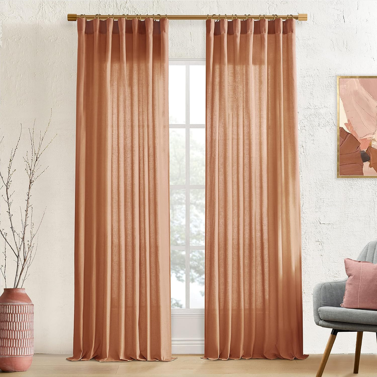 XTMYI Terracotta Vintage Boho Curtains, Rust Colored Linen Sheer Rustic Farmhous