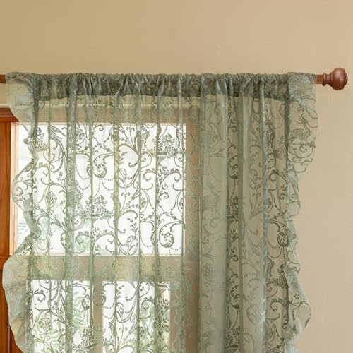Sheer Curtains 45 Inch Length- Romantic 59″W x 45″L (Pack of 2) Sage Green