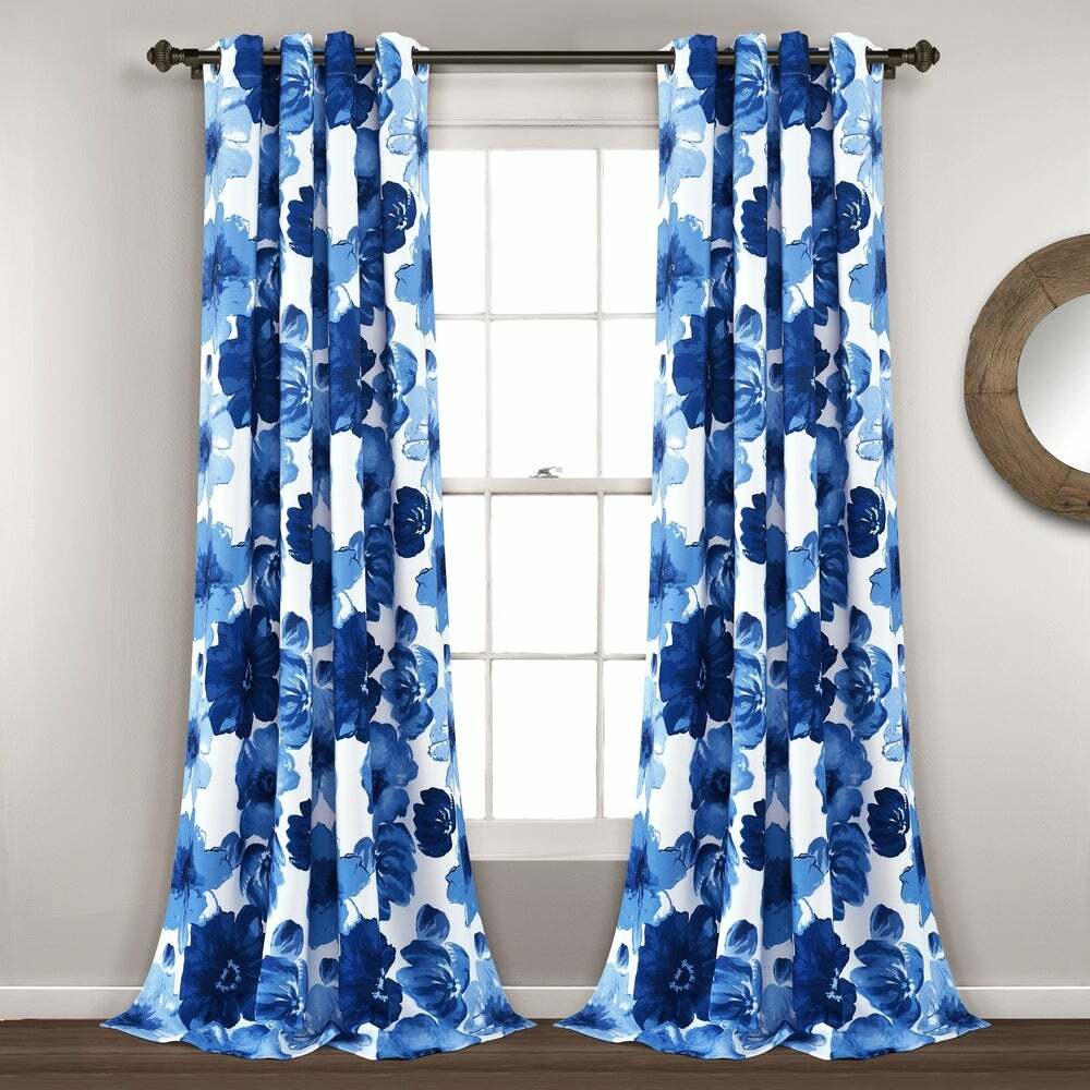 Set 2 Navy Blue White Floral Curtains Panels Drapes 63 84 95 108 in Darkening