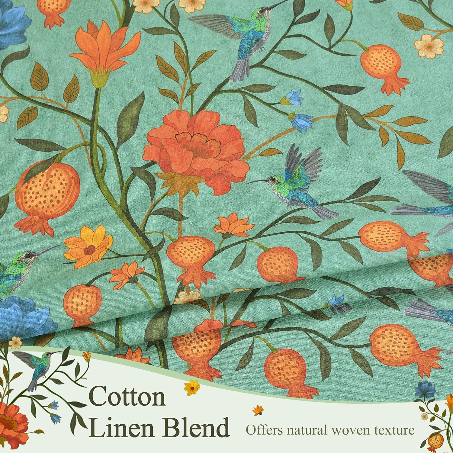 Green Boho Floral Linen Curtains Whimsical Semi Sheer Botanical Block Print Cot