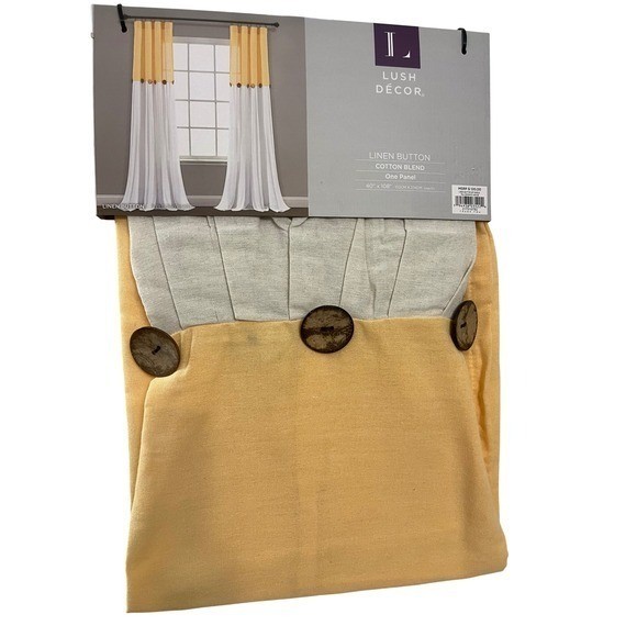 Lush Decor Linen Button Yellow White Cotton Blend Curtain Panel 40×108 Farmhouse