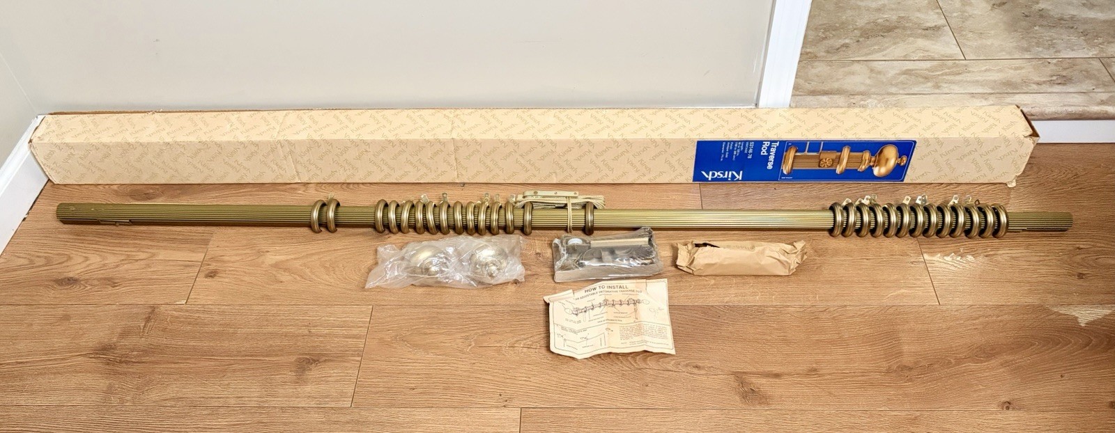 New NOS Kirsch 1-3/8″ Dia. Traverse 66″-120″ Drapery Rod 53146-78 Antique Gold