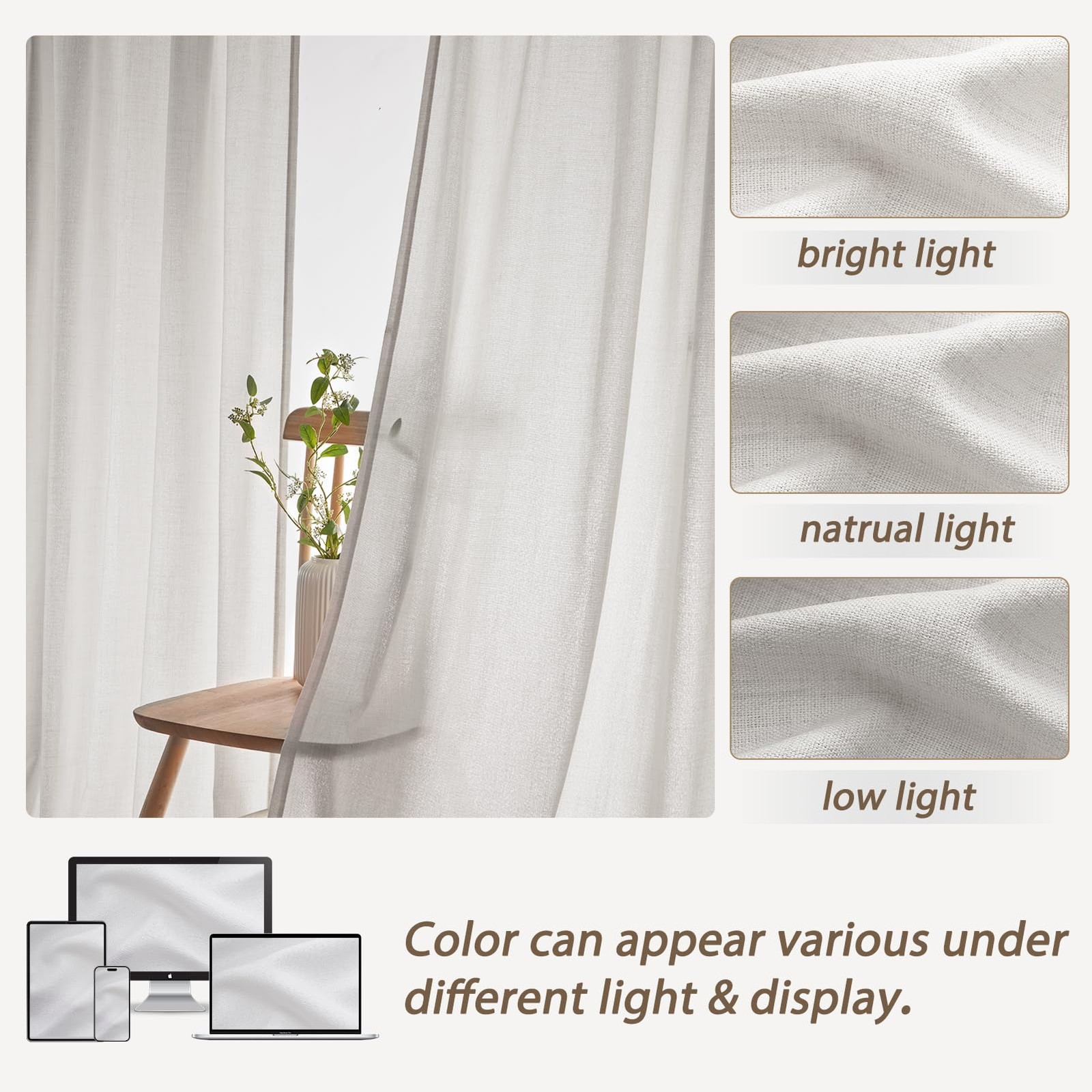 PleatedDrapes Beige White Sheer Linen Curtains 96 Inches Long for Bedroom, Ne…