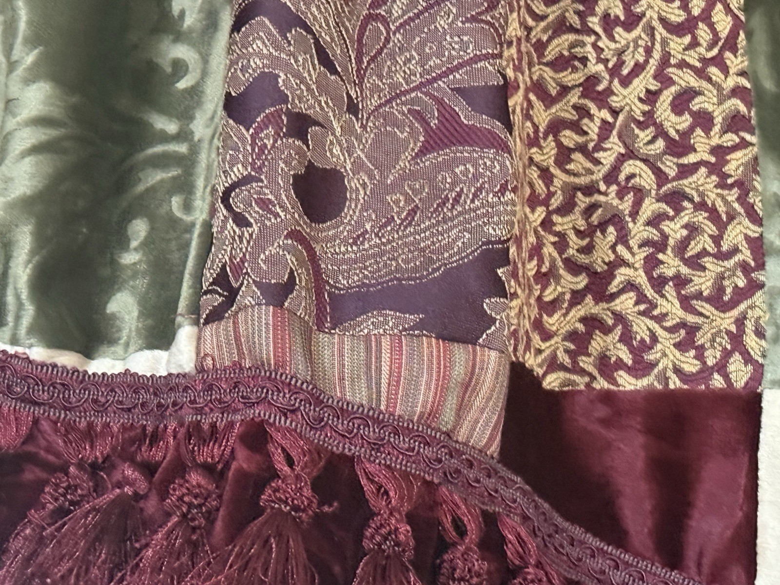 2 Scallop Patchwork Valances Burgundy Green Gold Velvet Tapestry Jarquard 54X18