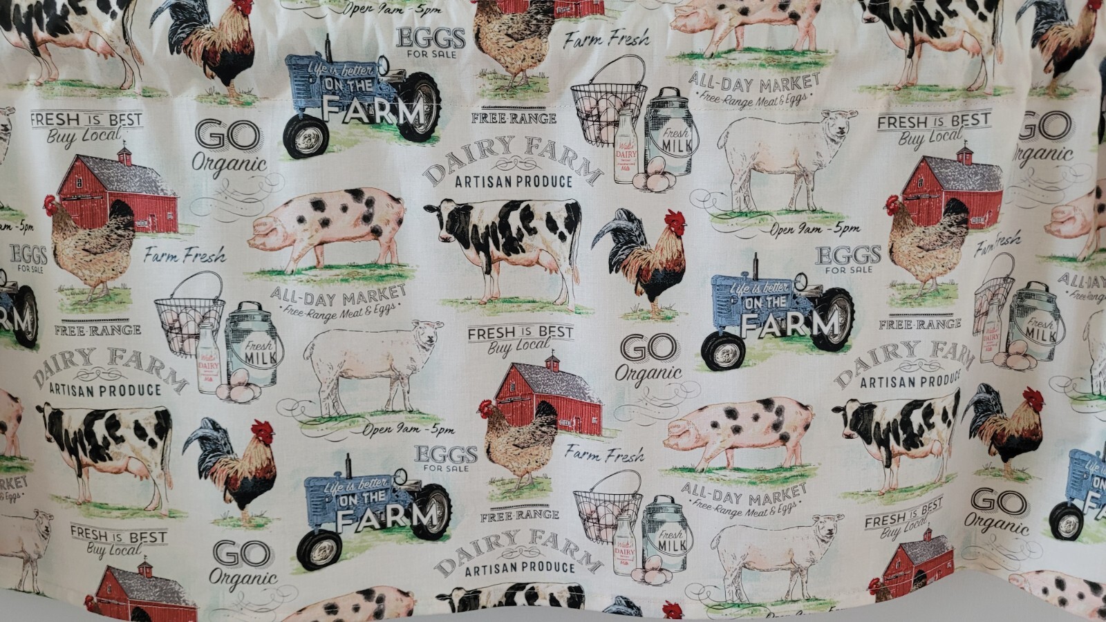 Country Farmhouse Valance Curtain, Farm Animal Themed Valance ( 41″ W x 15″ L)