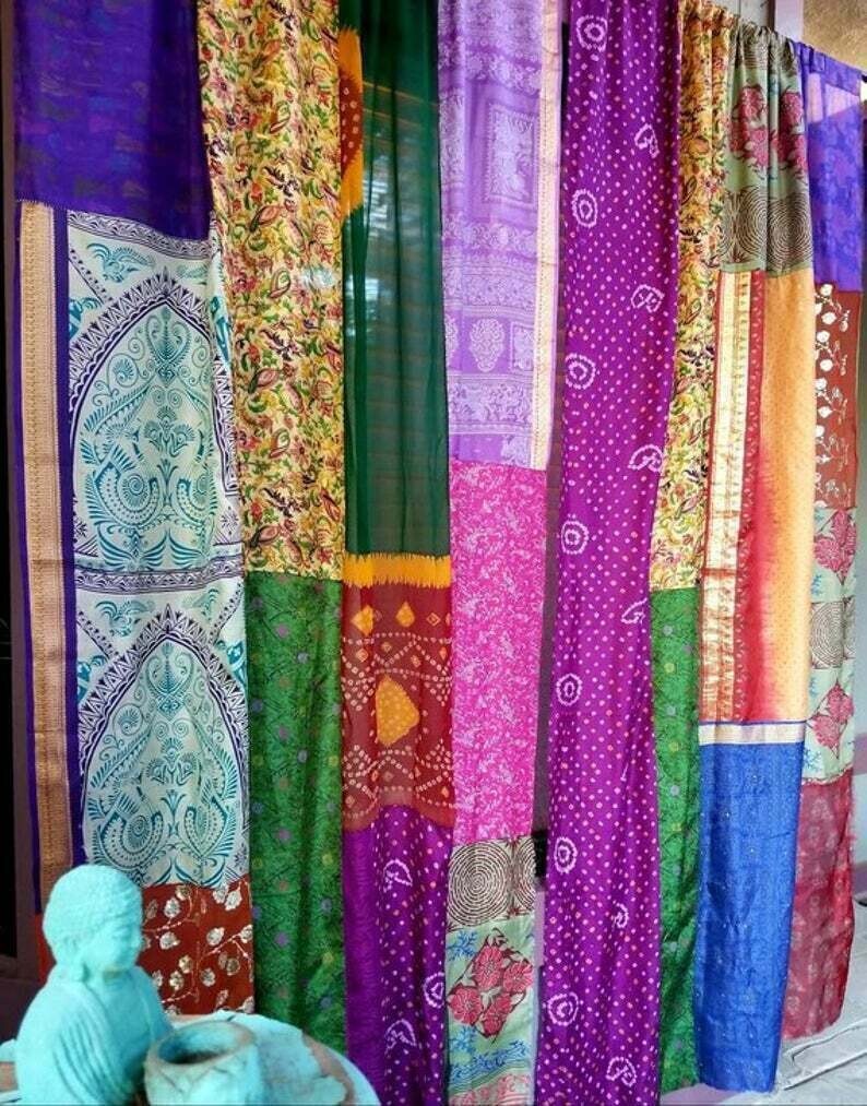 2 Pcs Indian Sari Patchwork Curtain Drape Window Decor Multi Silk Sari Curtain