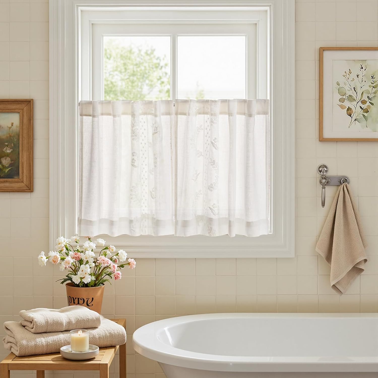 jinchan Belrose Linen Floral Kitchen Curtains 36 inch Length Embroidered Farmhou