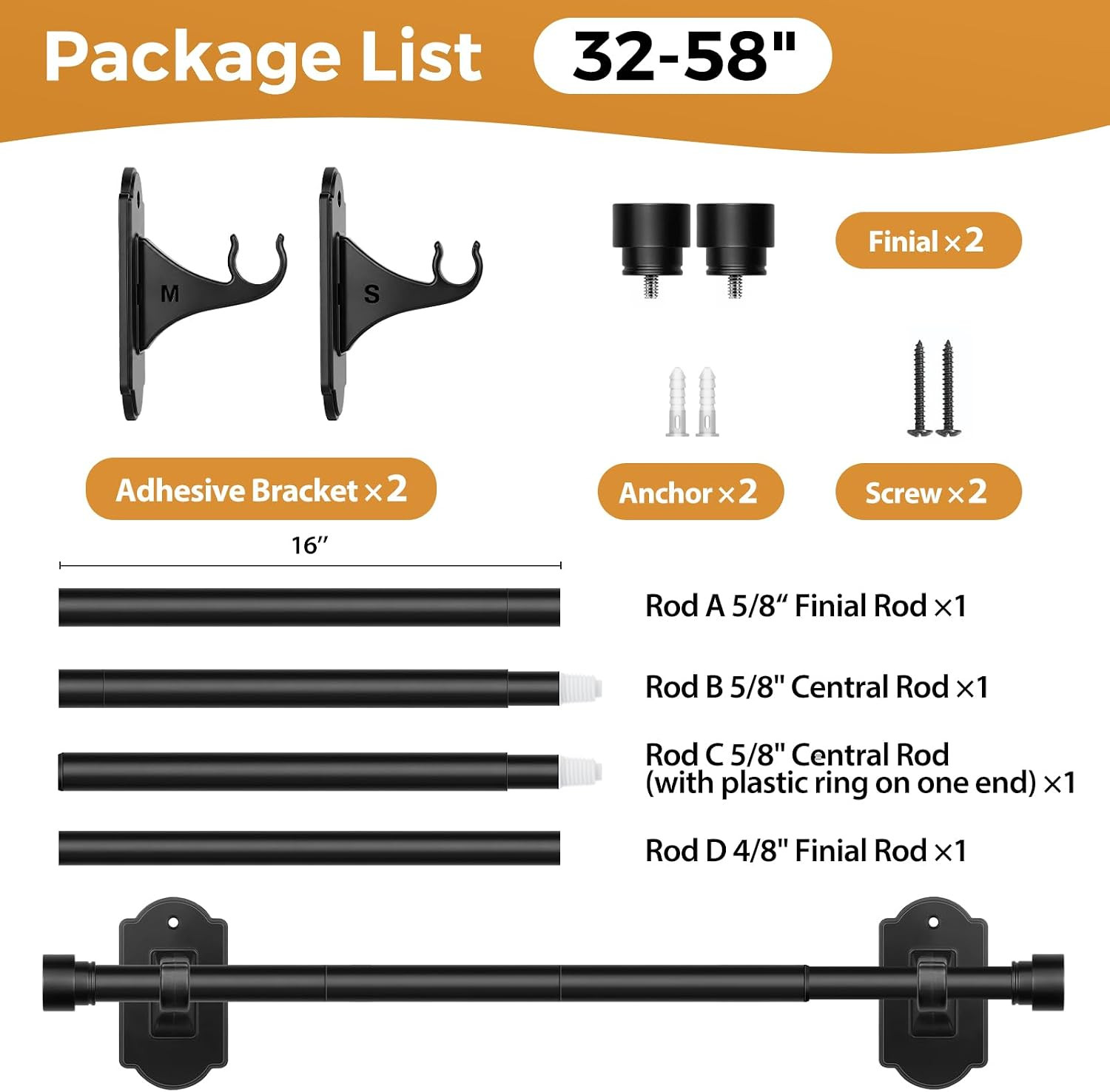 Adjustable Curtain Rod 40 to 53 Inch No Drill Adhesive Brackets Black 5 8 Rod