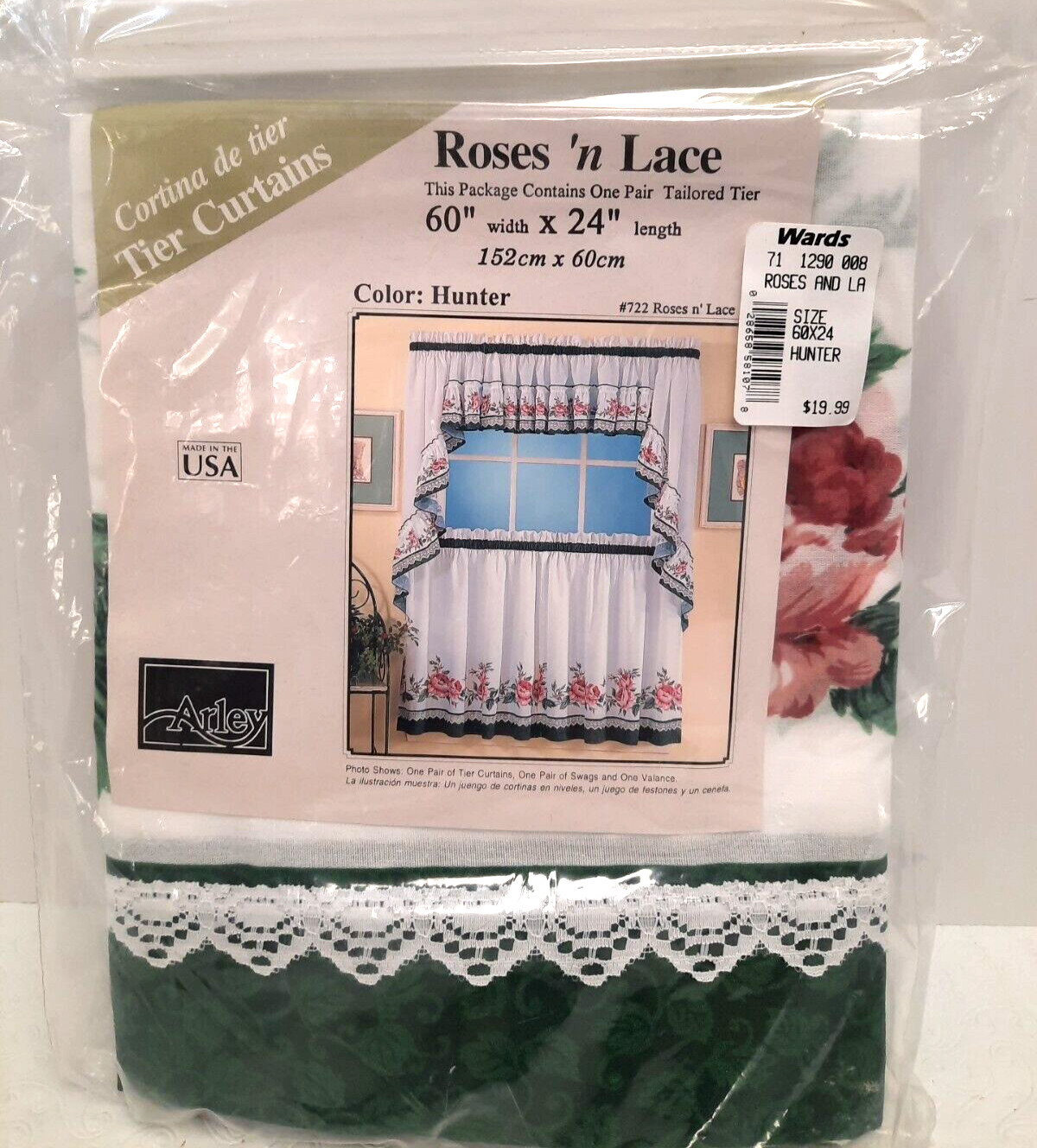 Arlely ‘Roses n’ Lace’ 1 Tailored Tier Curtain 60″ w x 24″ l Green White & Red