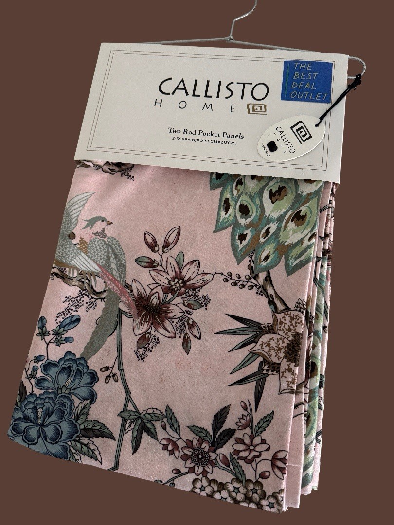 CALLISTO Window Curtains 2 Panels 38” X 84″ Peacock Birds Drapers Back Top Blush