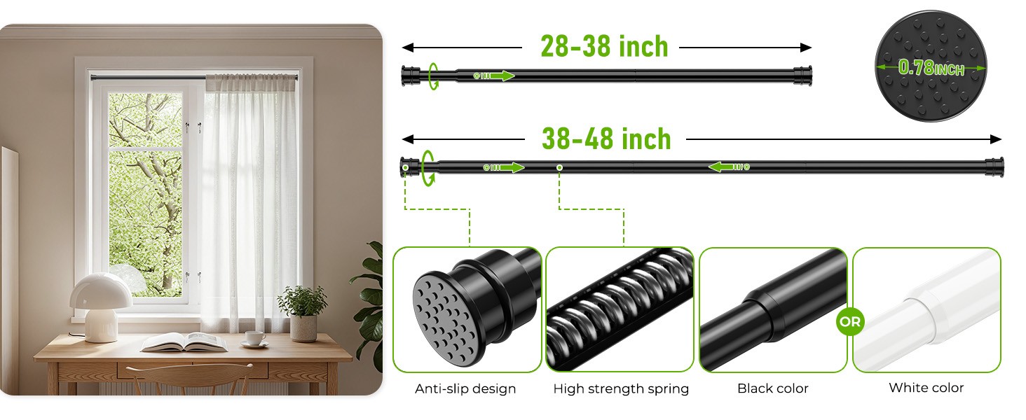 2 Pack Spring Tension Rods 28-48 Inches No Drill Tension Curtain Rods Black