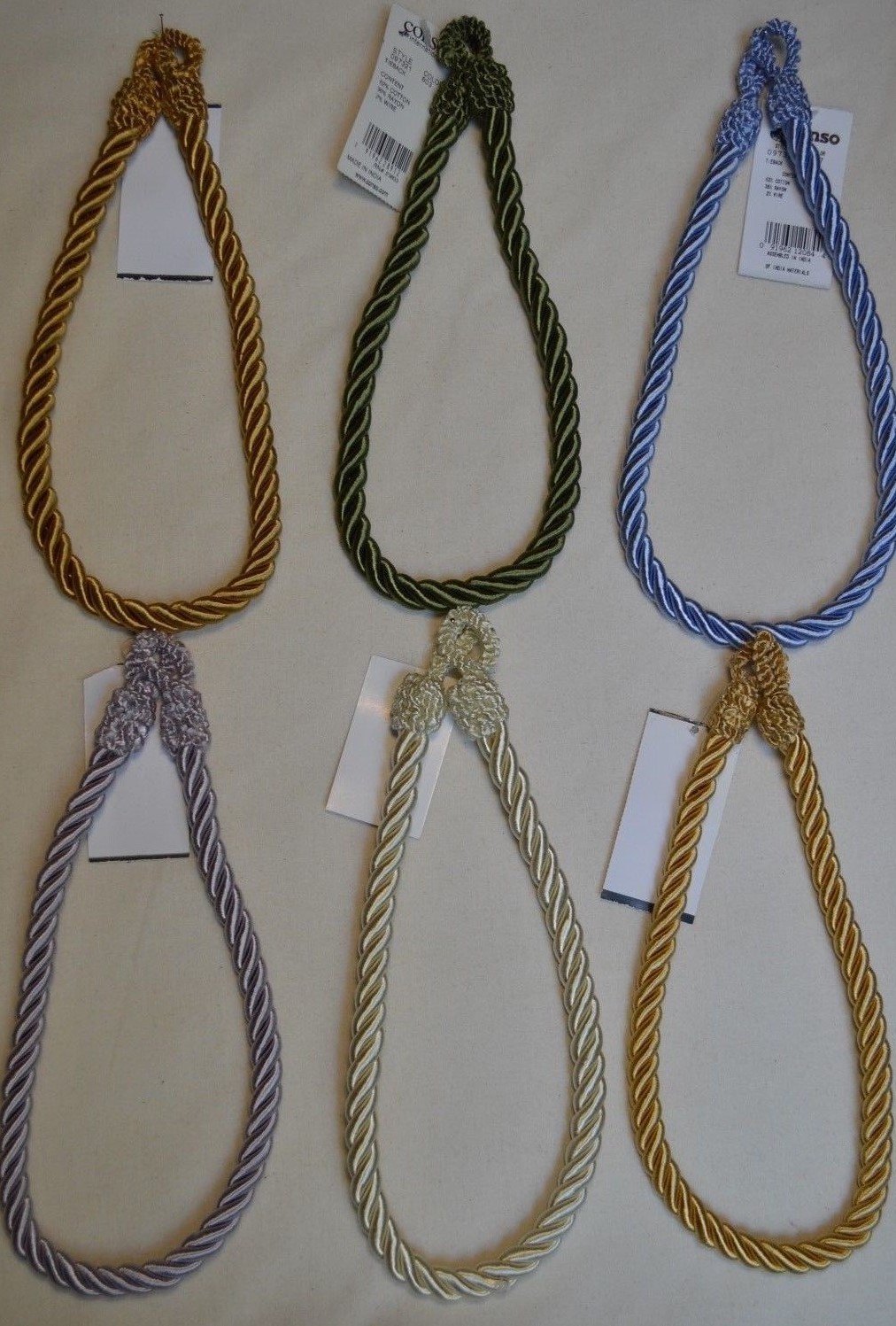 Curtain & Chair Tie Back – 22″spread rope – 1/2″ wide -11 colors to choose from!