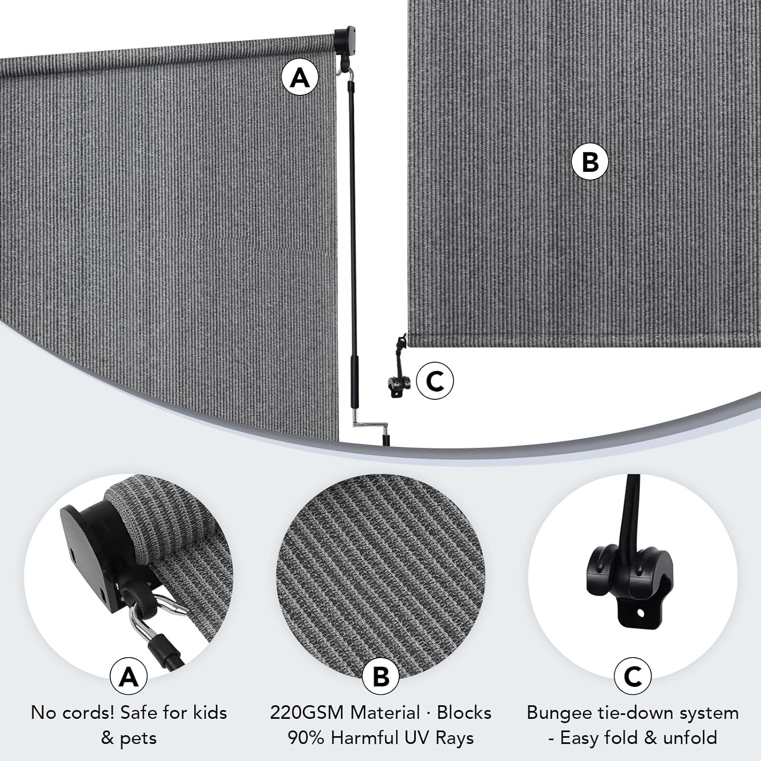 10′(W) X8′(H) Light Grey Outdoor Roller Shade – Cordless Exterior Roll up Sun Sh