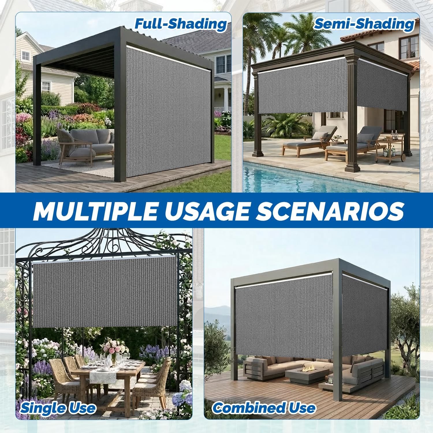 Outdoor Roller Shade, 10′(W) x 8′(H) Sun Shade Cover Canopy 220GSM HDPE with 99%