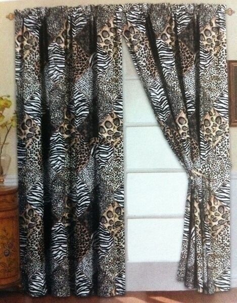 4 pc Black Patchwork Jungle Safari Animal Window Curtains Panels Drapes 84 in L
