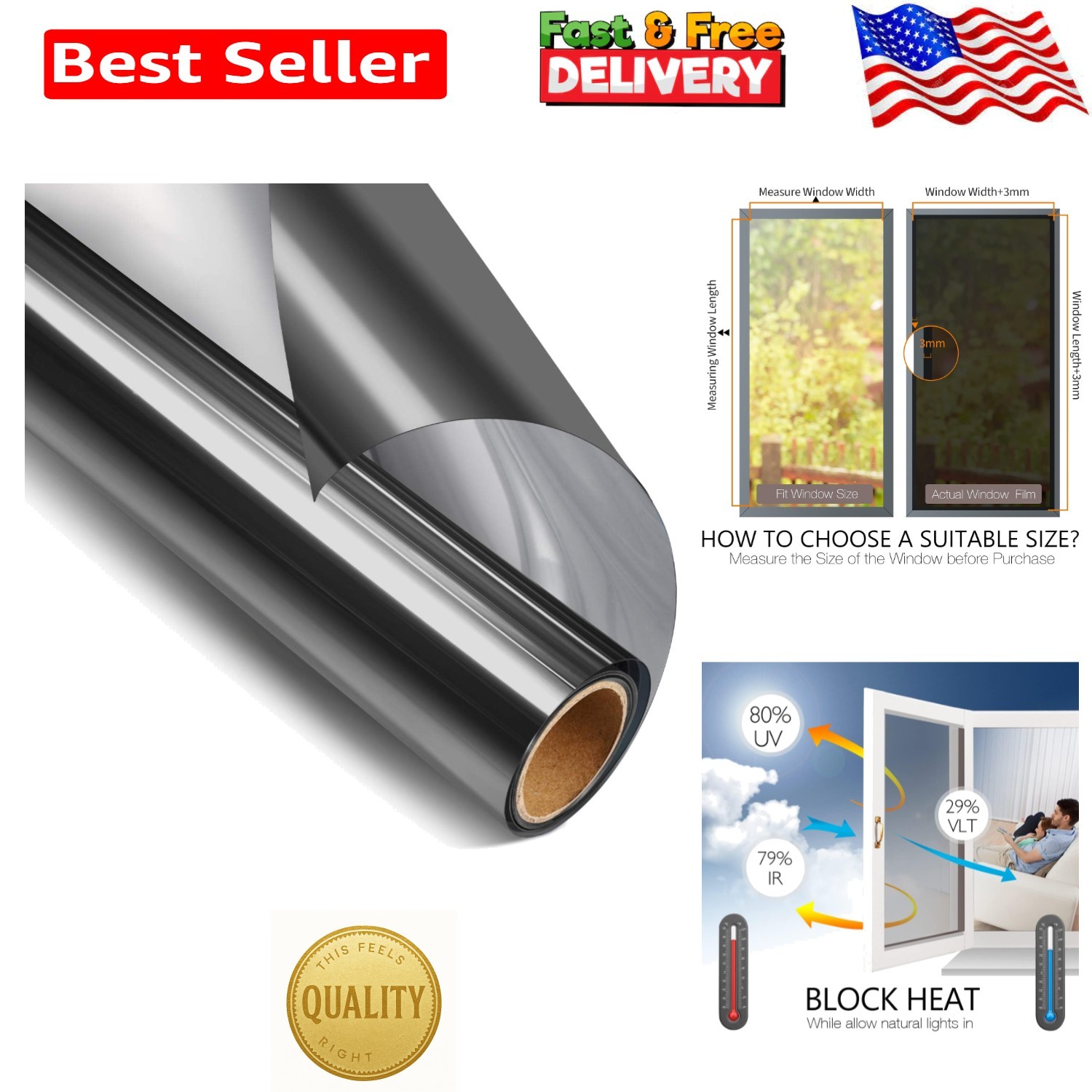 Advanced UV Protection & Heat Blocking Window Film – Static Cling, 35.4″ x 8.2″