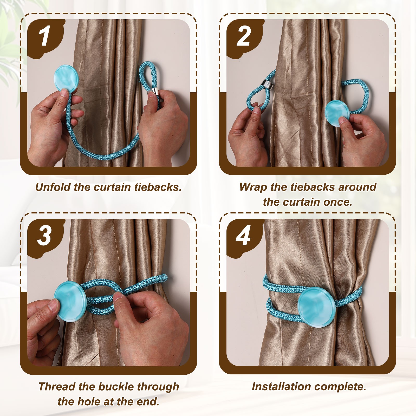 2 Pack Curtain Holdbacks with Buckle Rope Curtain Tiebacks Silver Gray