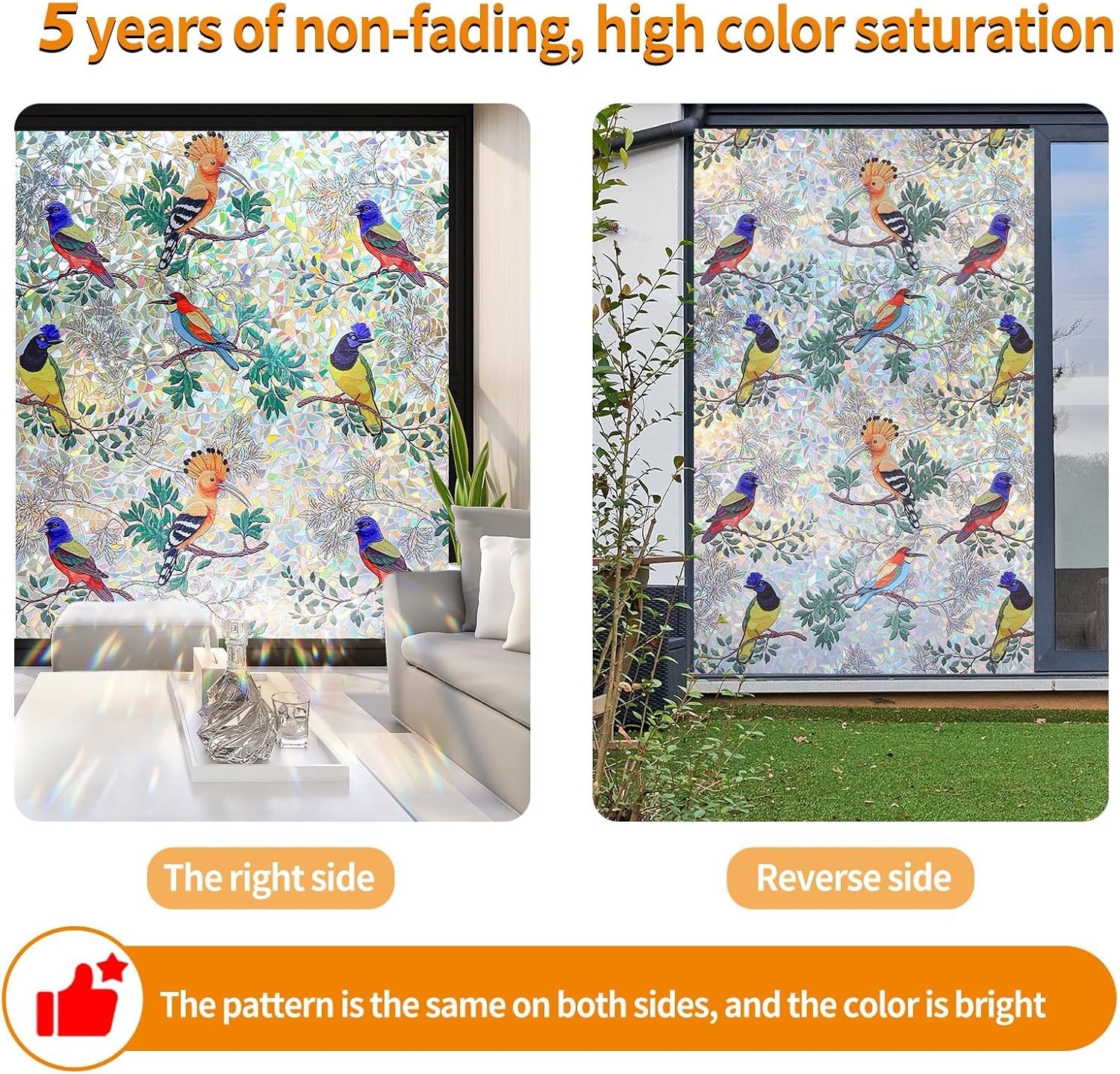 Colorful Bird and Floral Window Privacy Film Stained Glass Window Rainbow