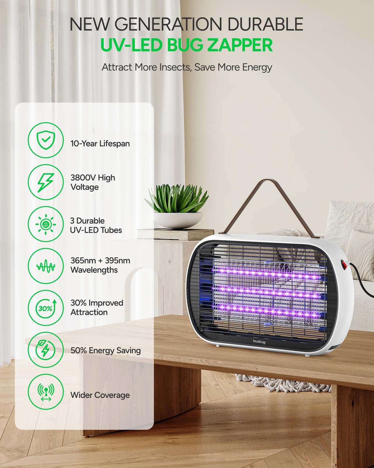 Buzbug Upgraded LED Bug Zapper Indoor, 10 Years Lifespan 3 Lamps Su… Fast Ship