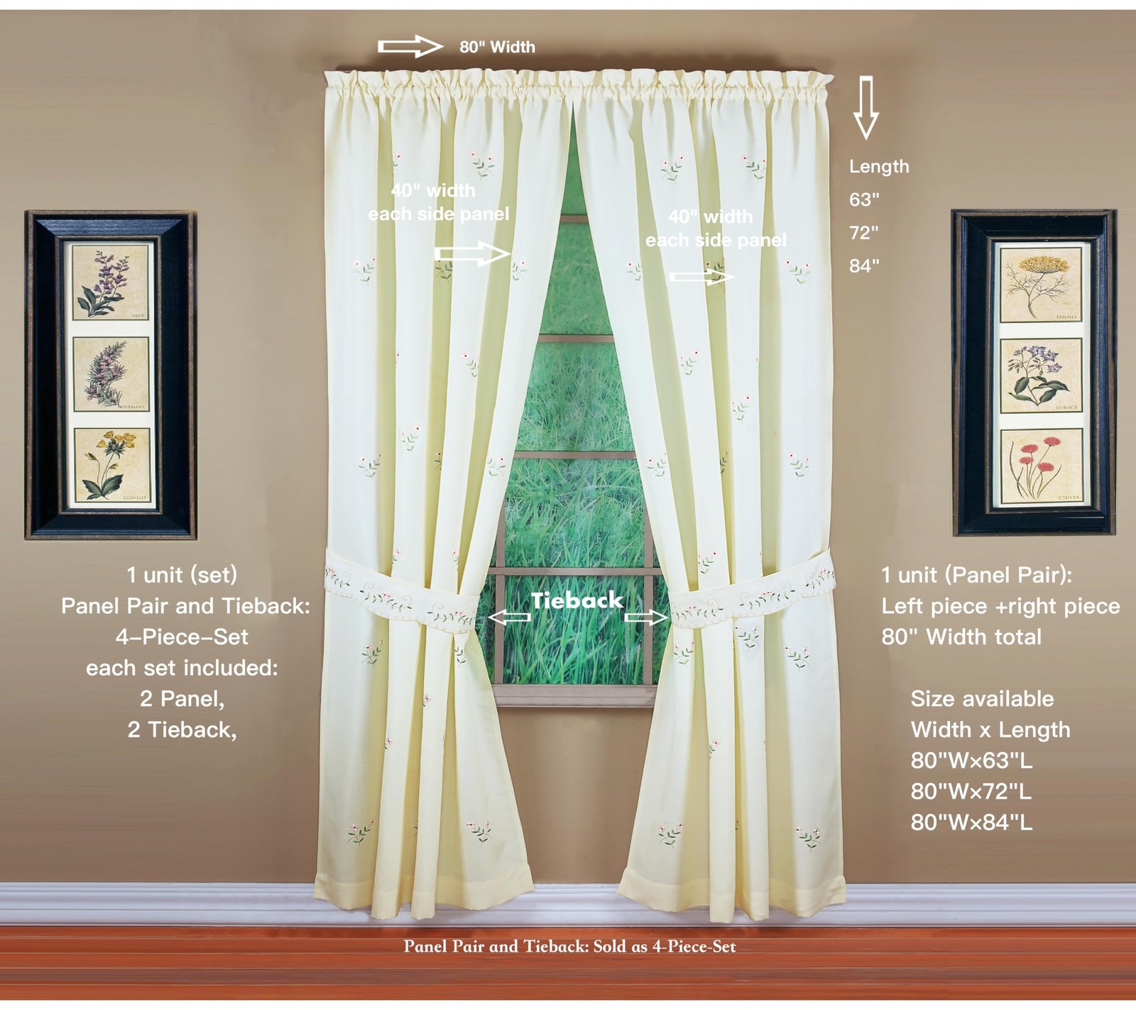 , Forget-Me-Not Panel Pair 84″, Ecru/Rose, 4-Piece-Set, 80″ W x 84″ L