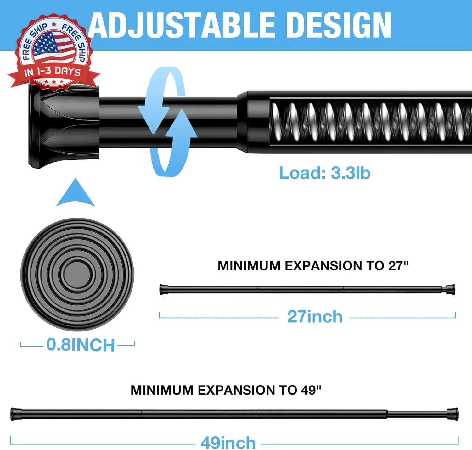 2 Pack Spring Tension Rods 28-48 Inches,5/8″ Diameter Black Spring Load Adjustab