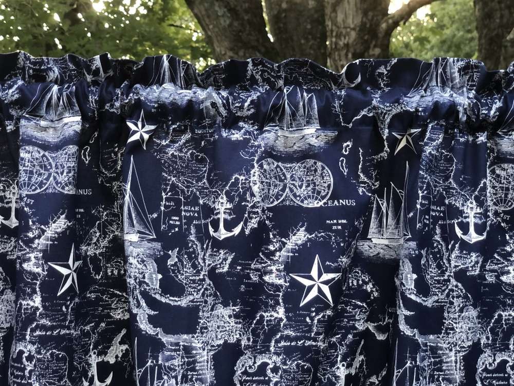 Nautical Map Valance – Navy Anchor Kitchen Curtain – Vintage Coastal Beach House