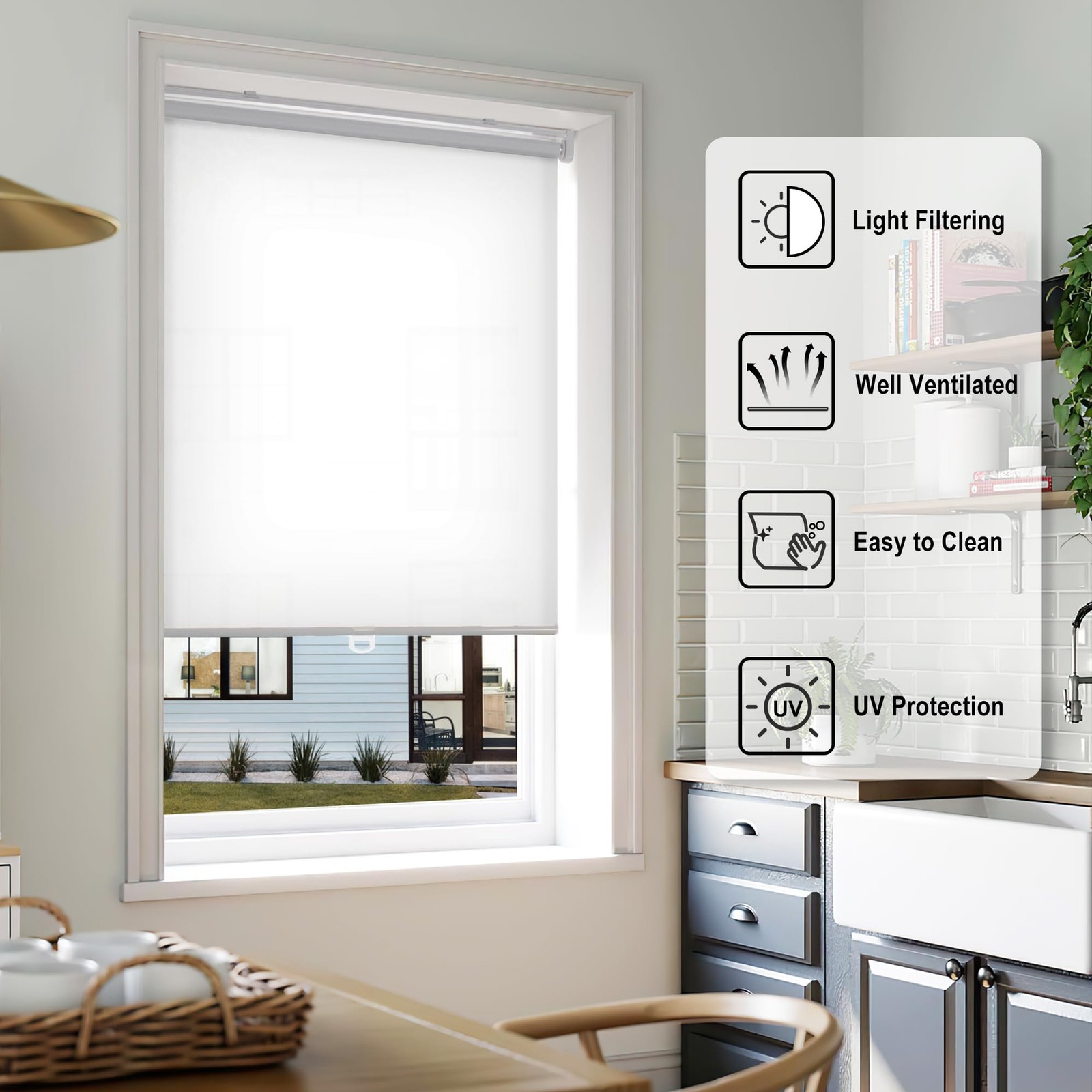 No Drill Cordless Roller Shades, Light Filtering, 24×72, White