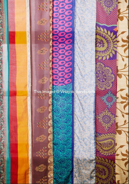 2 Pcs Indian Sari Patchwork Curtain Drape Window Decor Multi Silk Sari Curtain