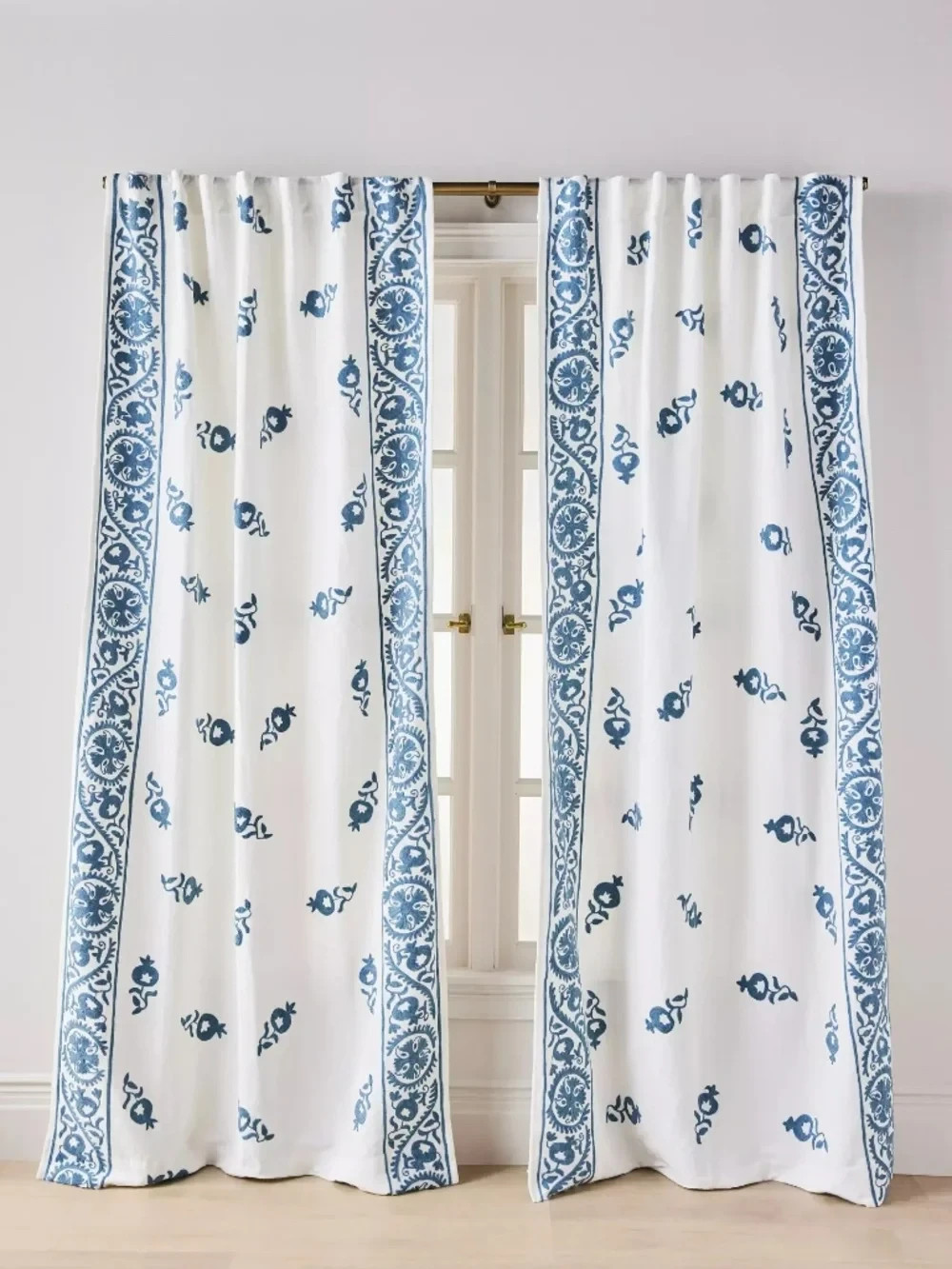 Anthropologie Embroidered Cotton Suzani Border Curtain BLUE 96” x 50” 2 PANELS