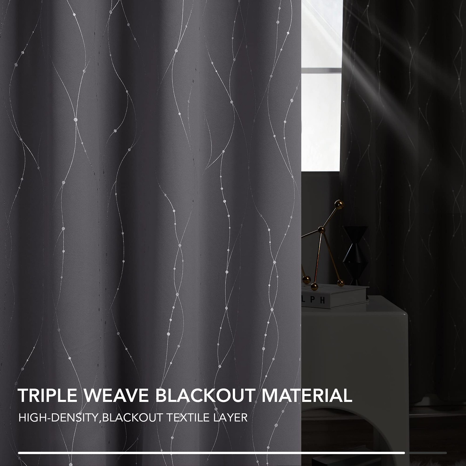 Blackout Curtains, Dark Grey Thermal Grommet Drapes, Silver Wave Dots Foil Pr…