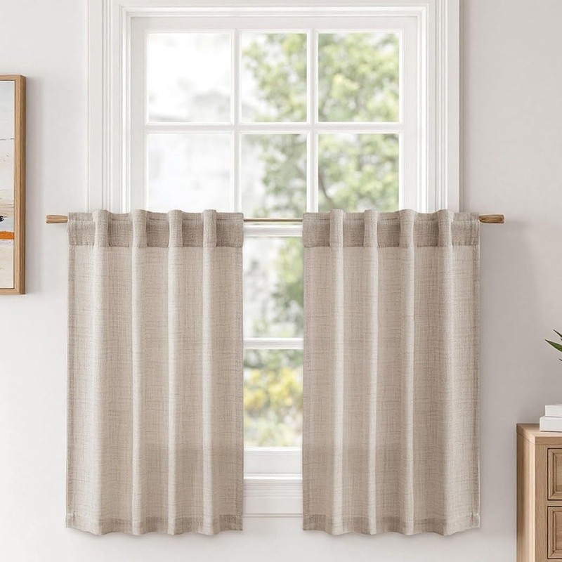 Light Filtering Faux Linen Short Curtains 2 Panels Elegant Home Decor Easy Care