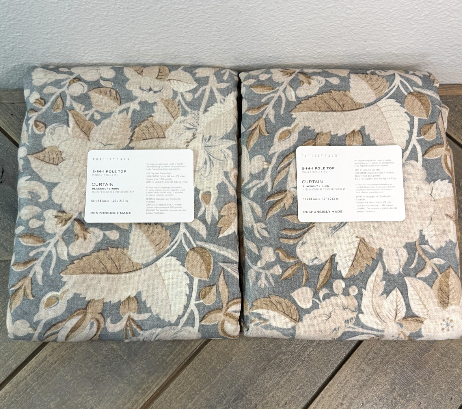 POTTERY BARN MIA PRINT BLACKOUT CURTAINS 50X84″ SET OF 2 PANELS BLUE MULTI