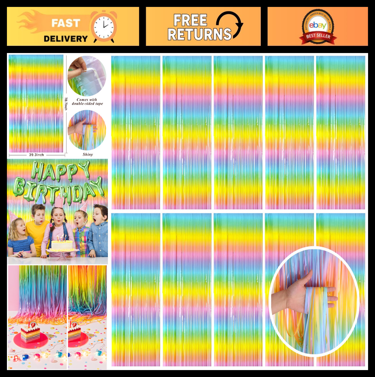 Pastel Rainbow Foil Fringe Curtain Streamers – Tinsel Backdrop for Birthday Part