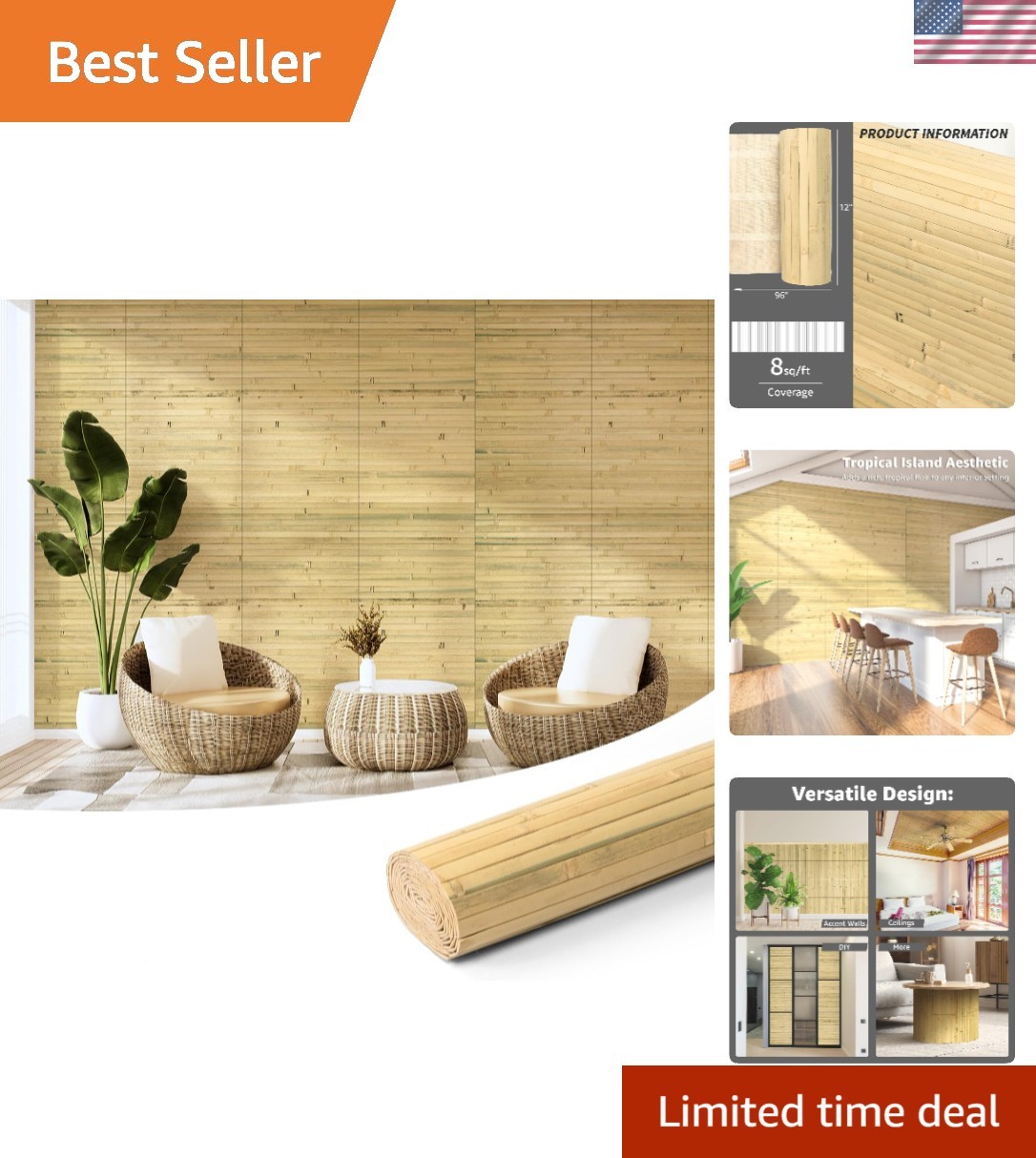 Tropical Bamboo Wall & Ceiling Panel 8 Sq Ft – Natural 1-Pack Decor Solution