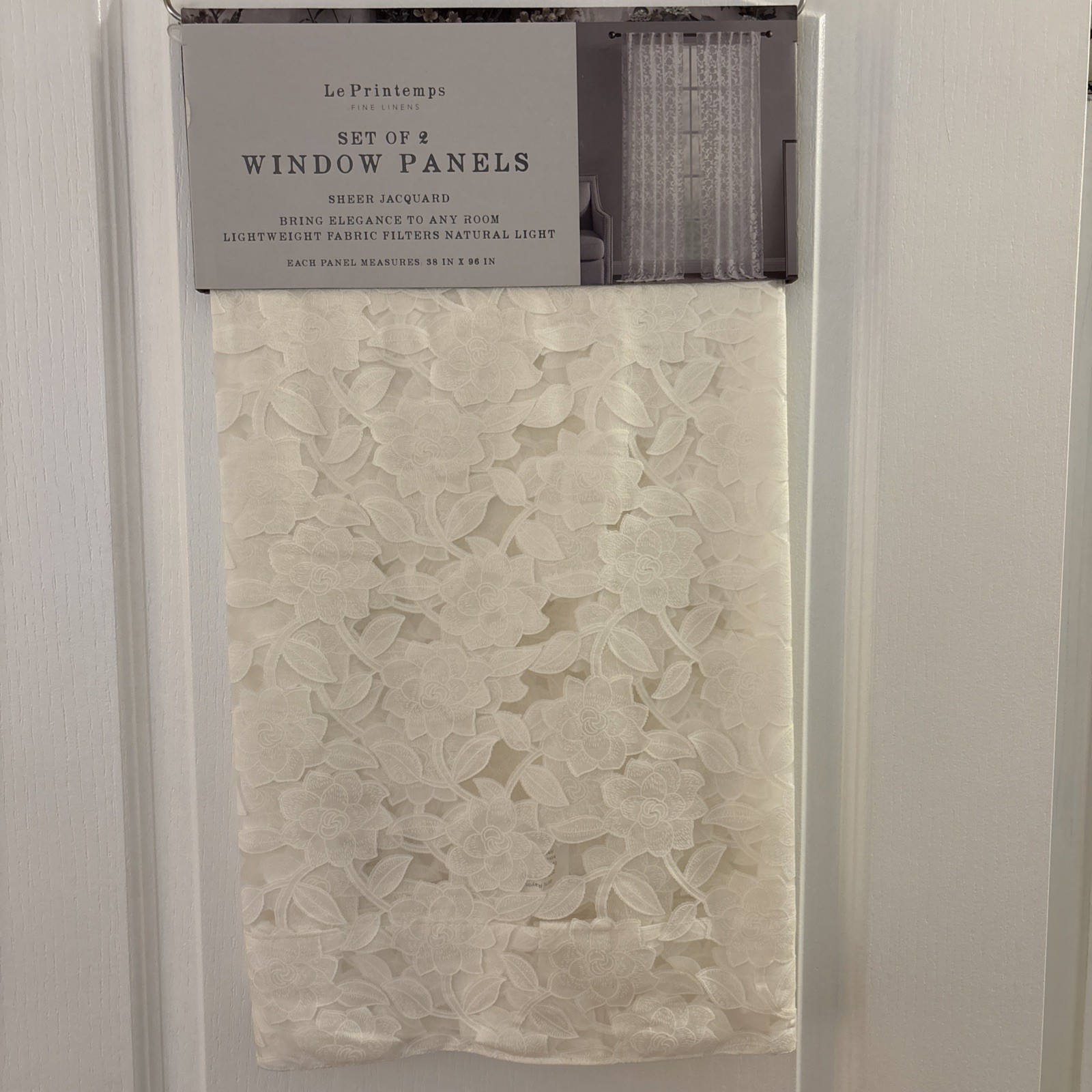 Le Printemps Fine Linens Set of 2 Window Panels Sheer Jacquard 38″ x 96″ White