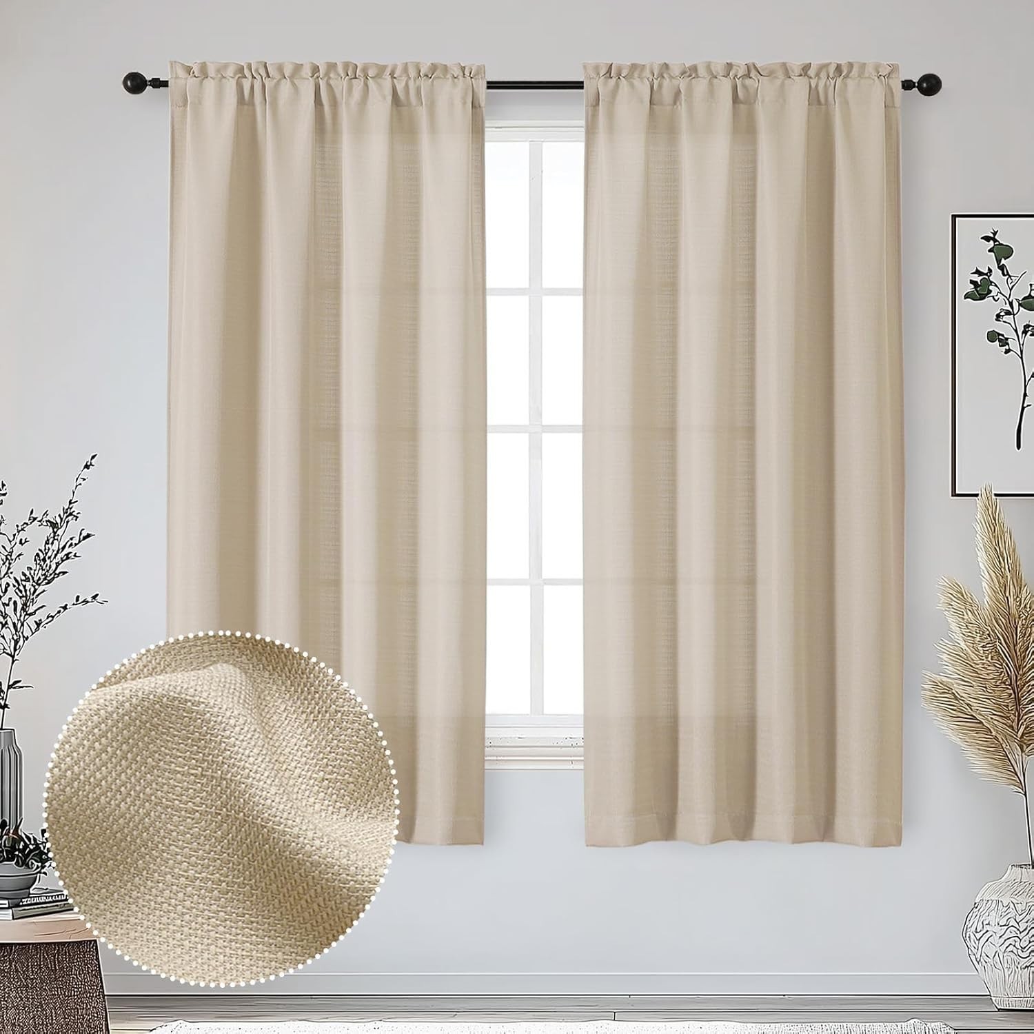 Bob Linen Curtains 63 Inch Length 2 Panels Set for Living Room Bedroom, Light…