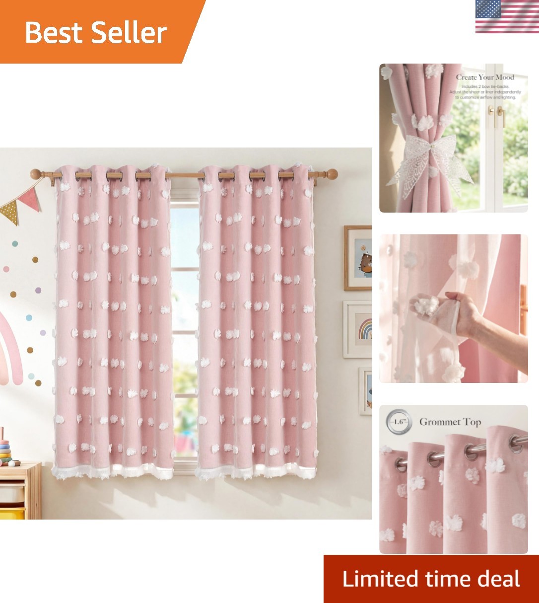 Pink Nursery Curtains 63 Inch Length, Double Layer Pom Pom Sheer Tulle Overla…