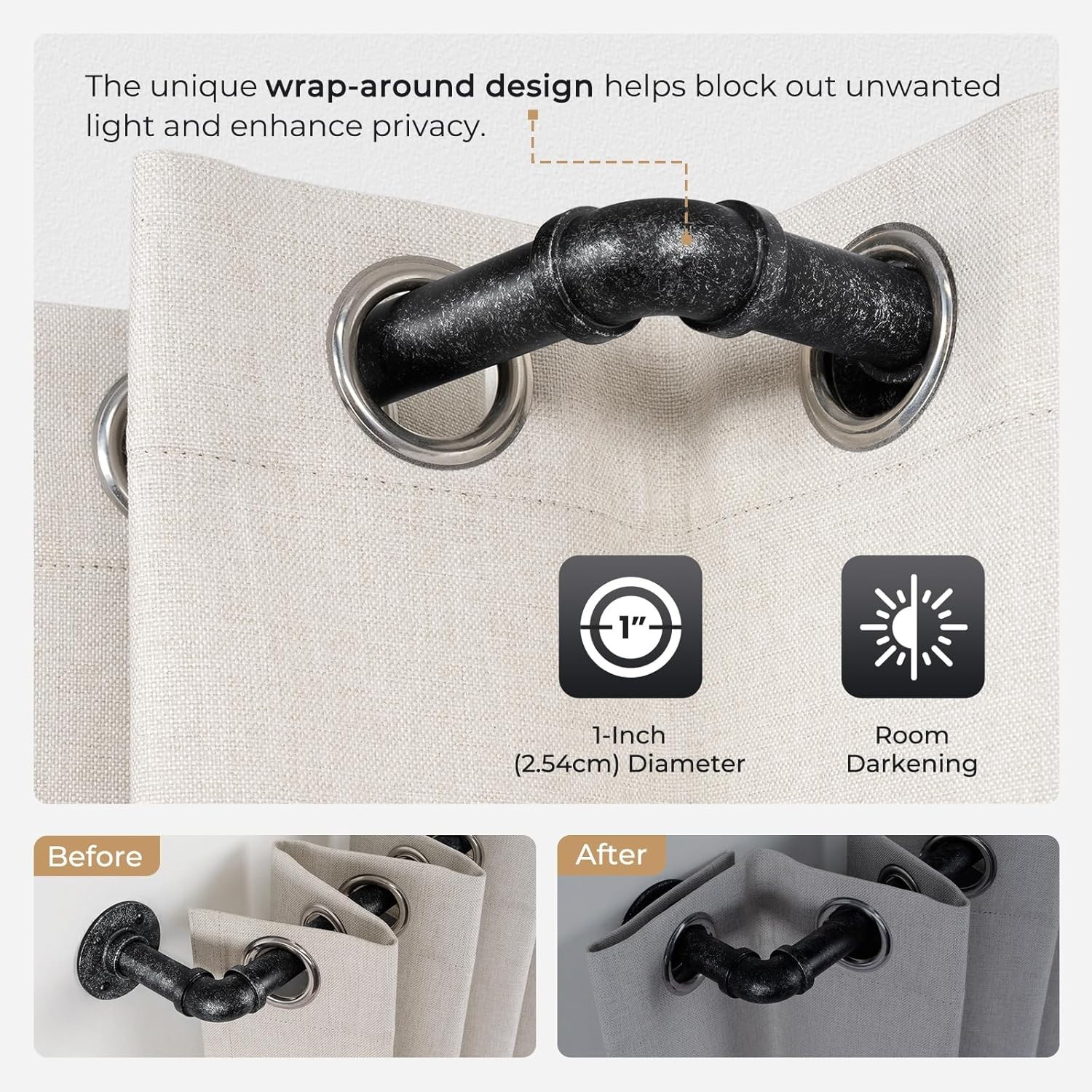 1 Inch Vintage Black Curtain Rod, 66″-120″ Industrial Design