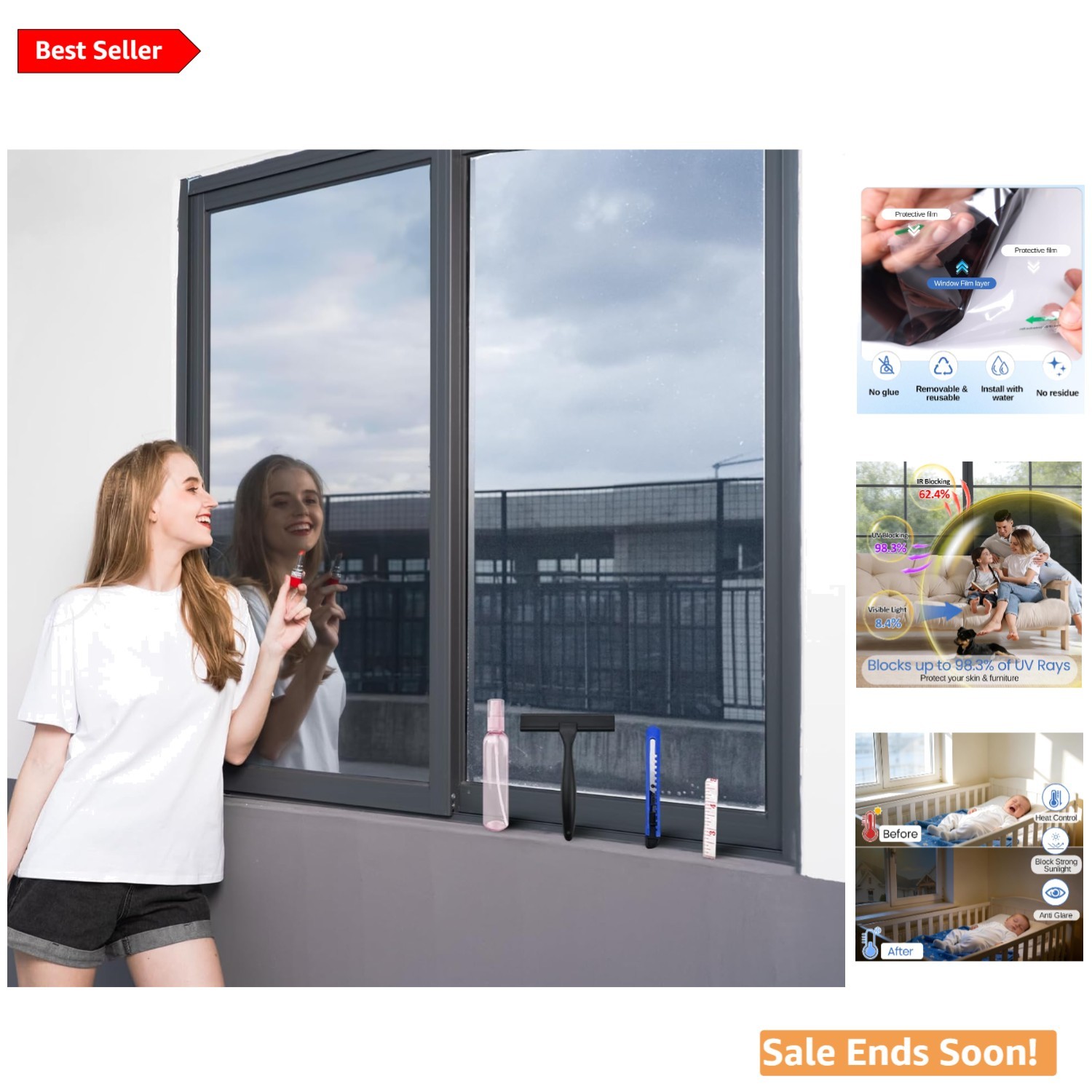 Daytime Privacy Window Tint – UV & Heat Blocking Film, 17.5in x 78.7in Design