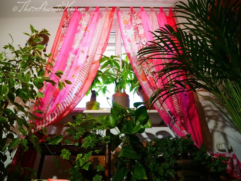 2 Pc Indian Old Recycle Silk Saree Boho Multi Curtain Door Drape Decor Curtain