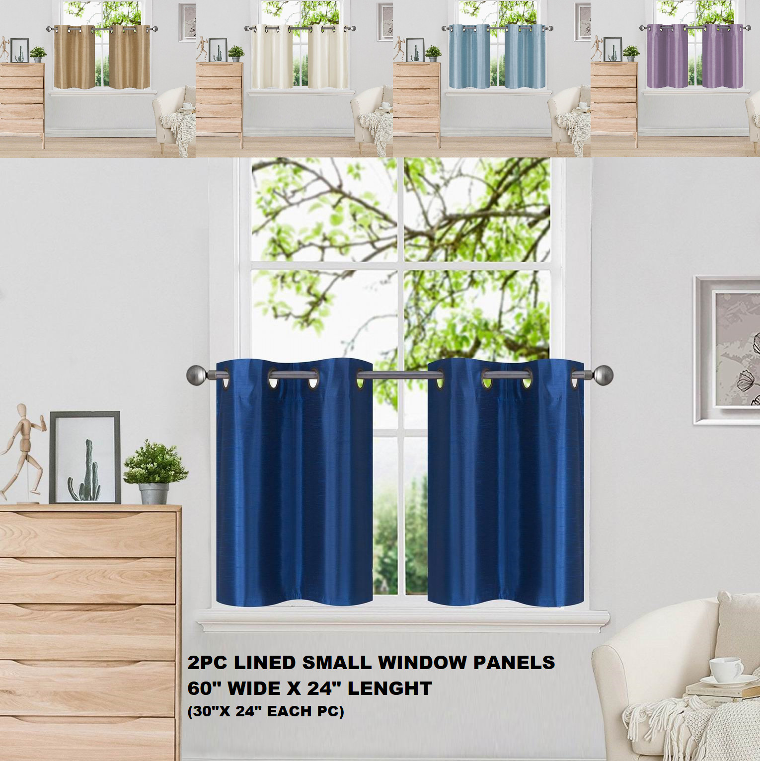 2PC PAIR FAUX SILK WINDOW DRESSING LINED GROMMET CURTAIN PANELS 24″ LENGHT (D2)