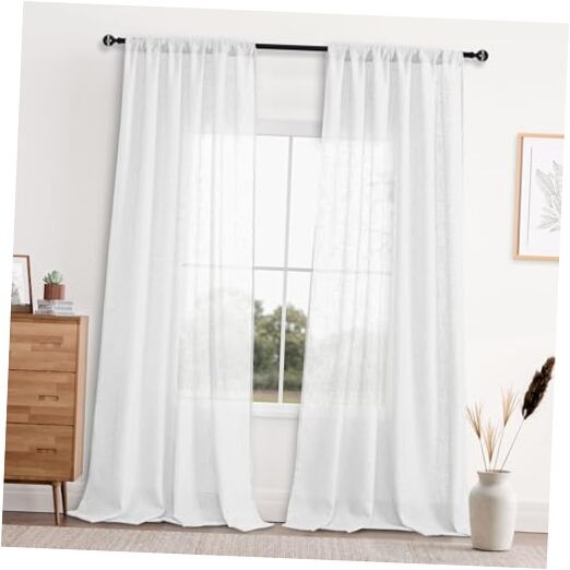 Faux Linen Sheer Curtains – Semi Voile Window 52″W x 96″L (Pack of 2) White