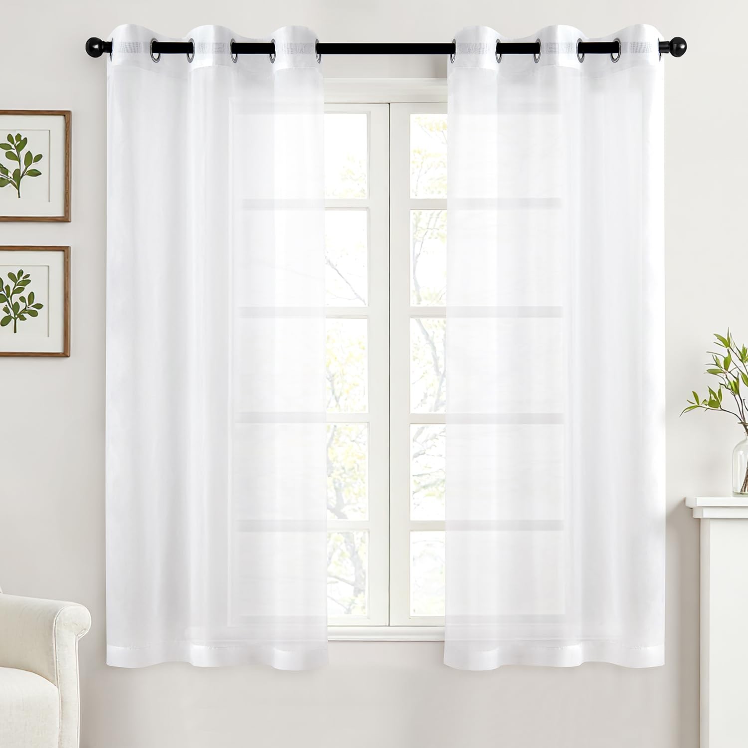 MIULEE Solid Color Sheer Curtains 63 Inches 42″W x 63″L (Pack of 2), White