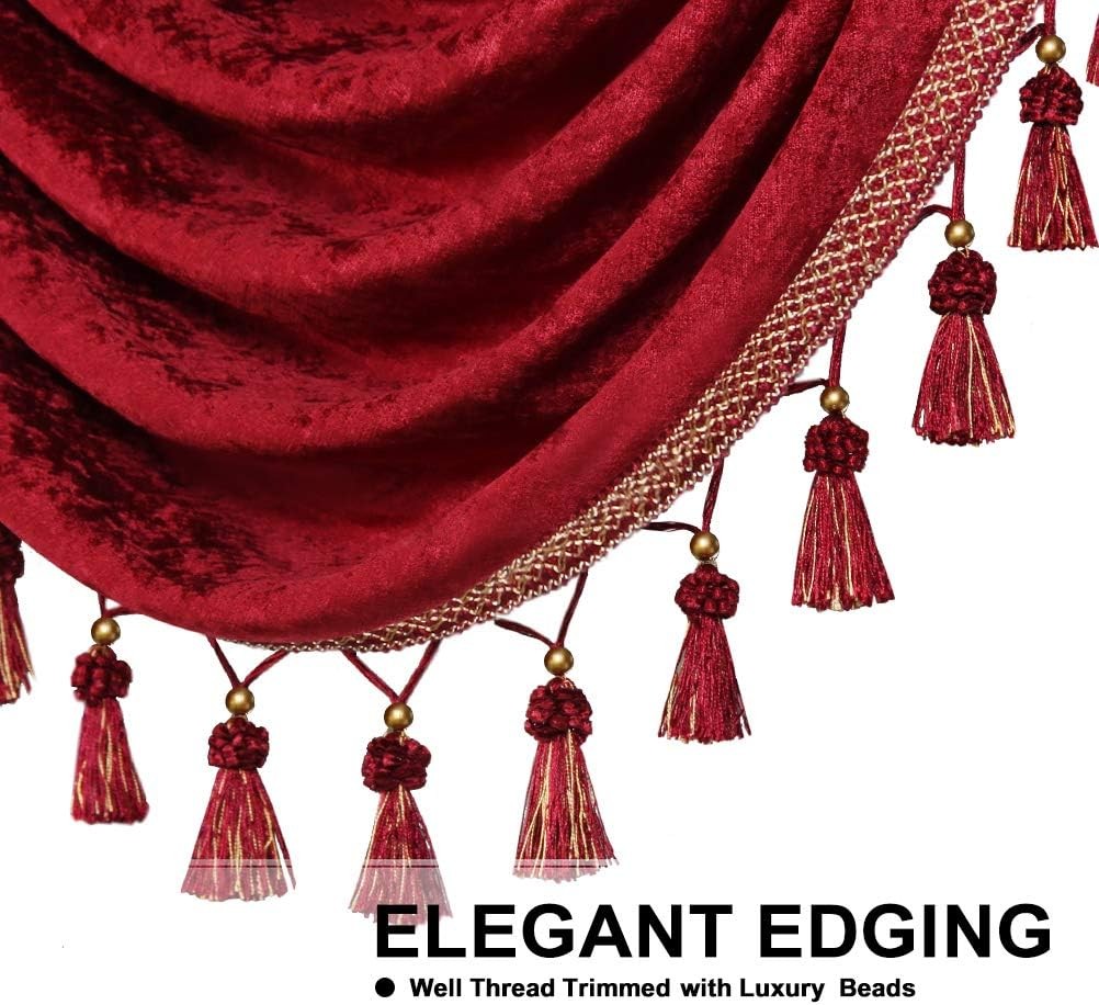 Thick Chenille Window Curtains Valance for Living Room with Tassels Burgundy Red