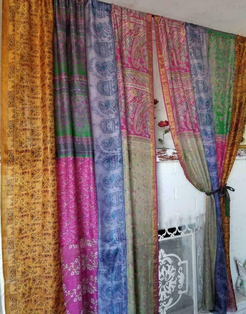 2 Pcs Indian Sari Patchwork Curtain Drape Window Decor Multi Silk Sari Curtain