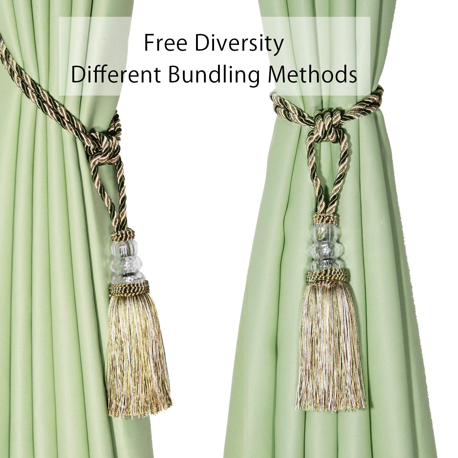 2 PCS Curtain Tiebacks Hand Woven Crystal Holdbacks Home Tassels Mix Green