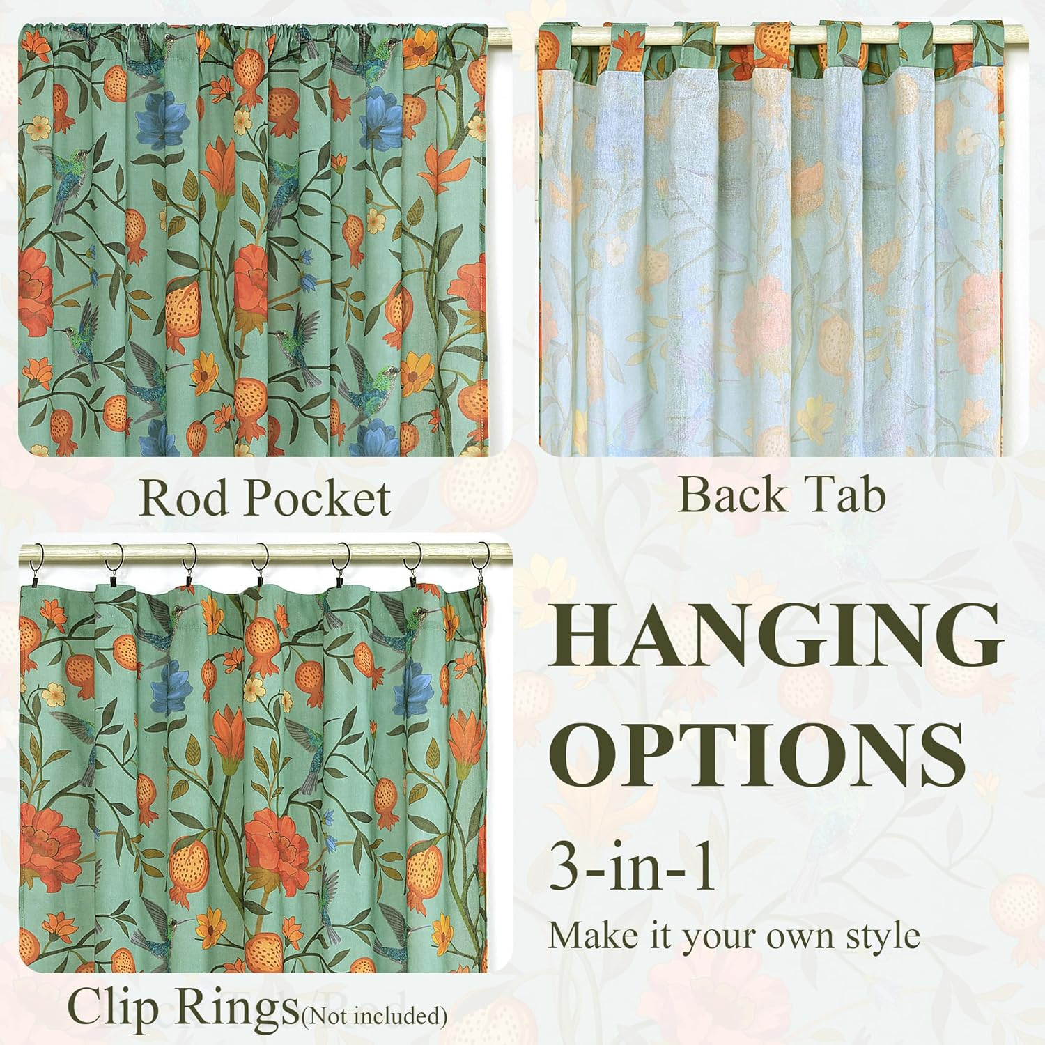 Green Boho Floral Linen Curtains Whimsical Semi Sheer Botanical Block Print Cot